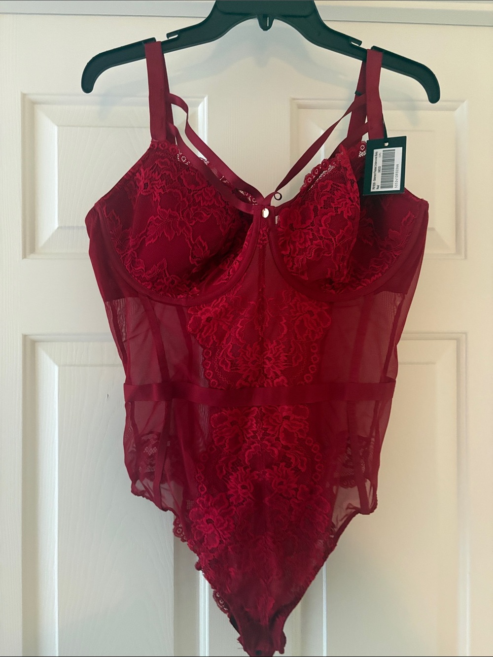 Sheer Floral Lace Chemise Bodysuit in Deep Red